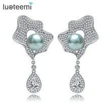 LUOTEEMI Luxurious Jewelry White Gold-Color Statement Imitation Pearl Micro Paved CZ with Tear Pendant Drop Earrings for Women
