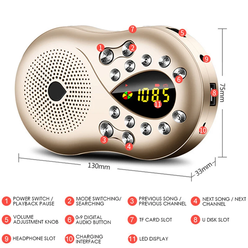 Museeq W 044CC мини Портативный радио Ручной цифровой FM USB TF MP3 плеер Динамик
