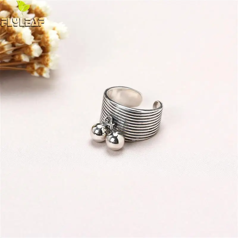 

Flyleaf 925 Sterling Silver Rings For Women Round Hanging Beads Multi-layer Line Wide Fashion Fine Jewelry Open Ring Vintage