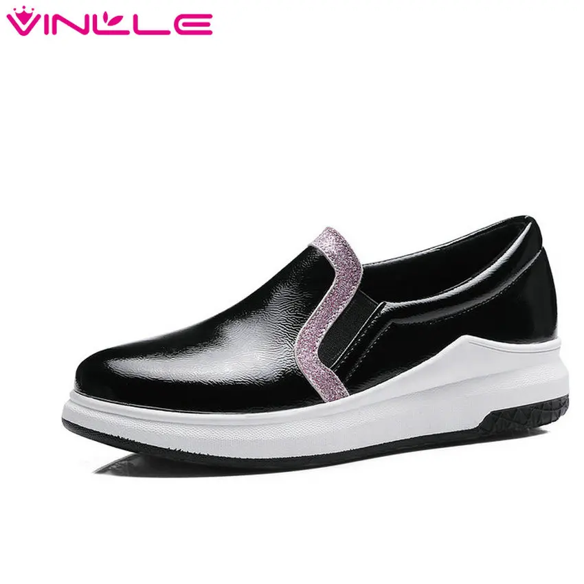 

VINLLE 2017 Women Pumps Summer Slip on Ladies Shoe Wedge Low Heel PU Leather Mixed Color Fashion Woman Wedding Shoes Size 34-43