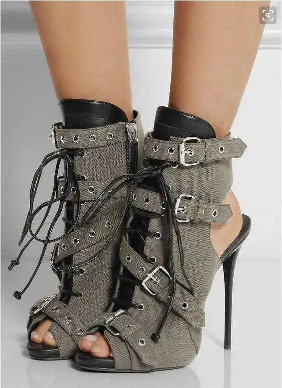 

Multi-strap peep-toe ankle sandals in military-green jute and black calfskin stiletto heels criss-cross laces ankle boots