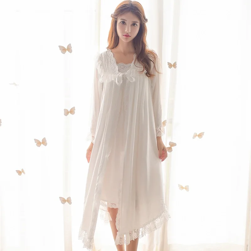 

High Quality Women 2 Pieces Viscoe Robe Sets White Lace Vintage Style Princess Soft Cotton Nightwear Home Clothes 6895