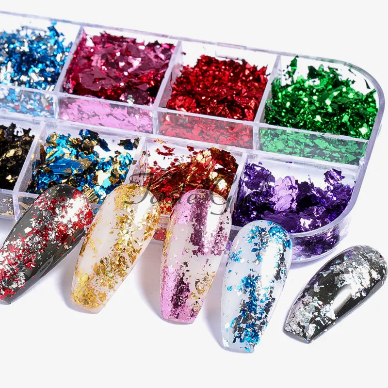 12 цветов/набор лазерное золото, серебро, алюминий, неровные голографические Блестки для ногтей, красочные хлопья для маникюра, блестки для ногтей, бумага из фольги