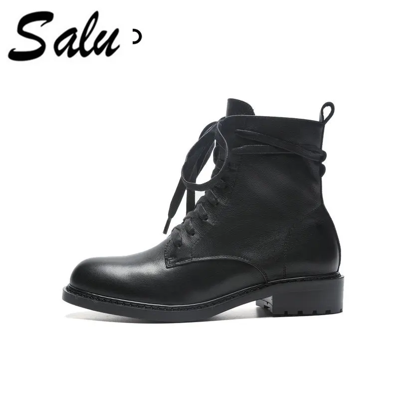 

Salu 2019 new Winter Warm Boots Woman Ankle Lace Up Half Short Shoes Women High Heel Genuine leather Boots Ladies Shoes black