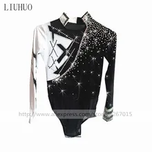 Boys men figure skating costumes TopsFigure skating show clothing Collar long sleeve style Black and white sparkling rhinestones