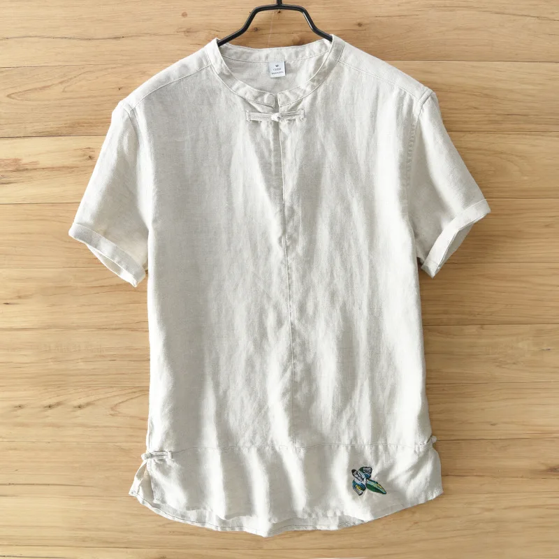 New Designer Embroidery Linen Shirts Men Short Sleeve Summer Men Shirt