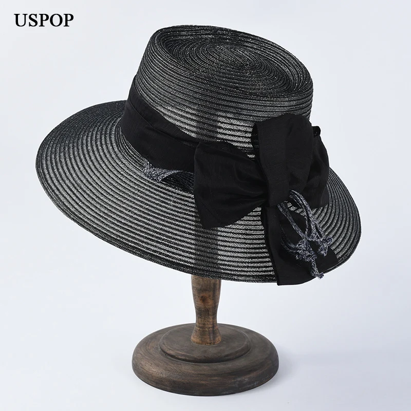

USPOP 2019 New summer straw hats elegant bow sun hats breathable polyester summer hats large brim beach hat