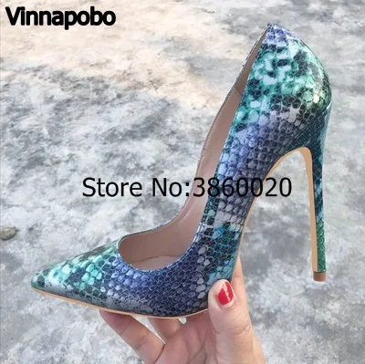 

Luxury Brand Women Shoes High Heels Pointed Toe Shoes Shallow Blue Snakeskin printing Gradient Women Pumps Wedding Party Ladies