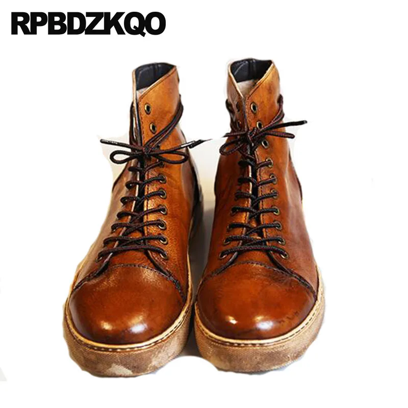 

Shoes Short Full Grain Leather Boots Vintage Fall Designer Handmade Genuine Booties Flat Ankle 2018 Lace Up Round Toe Brown Men