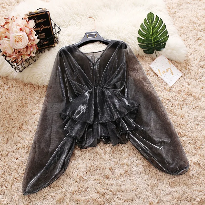 2018 summer new female V-neck ruffles Mesh shirt women's batwing sleeve waist sweet Flounced sun protection shirts women blouse