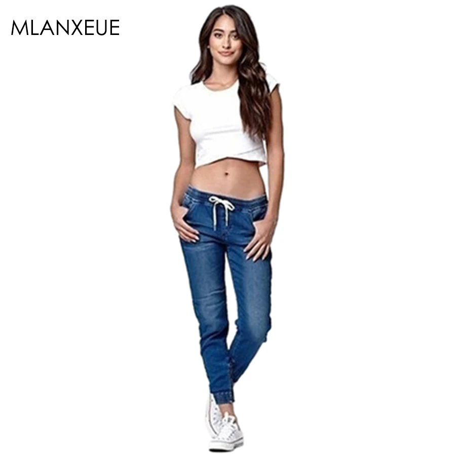 

Solid Drawstring Loose Jeans Women Casual Pockets Softener Harem Pants Female Simple Wild Elastic Waist Summer Jeans For Ladies