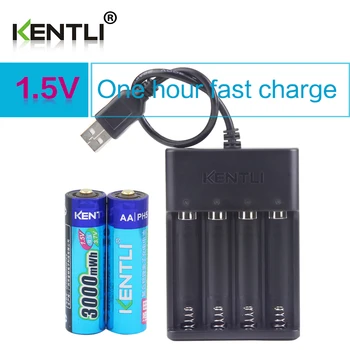 

KENTLI 2pcs AA 1.5V 3000mWh lithium li-ion rechargeable batteries battery + 4 slots polymer li-ion battery charger