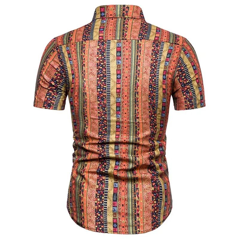 Принт в этническом стиле большой размер Повседневная тонкая рубашка мужские с коротким рукавом Летний Пляжный Стиль M-5XL мужская повседневная брендовая рубашка