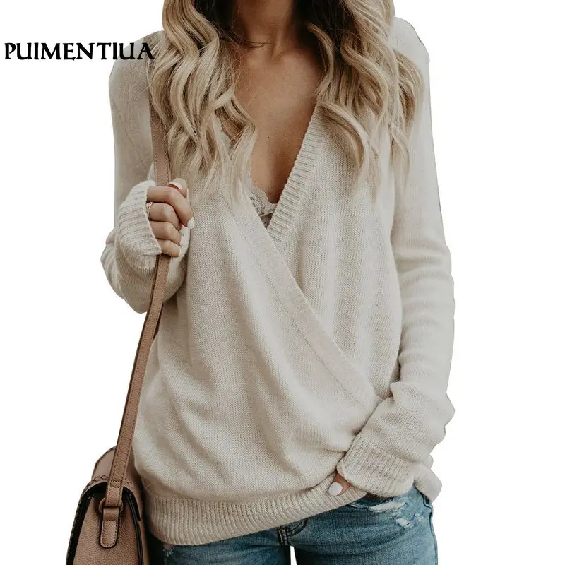 

Puimentiua Women Sexy Deep V-Neck Knitted Sweater 2018 Autumn Solid Long Sleeve Pullover Female Casual Loose Jumper Pull Femme