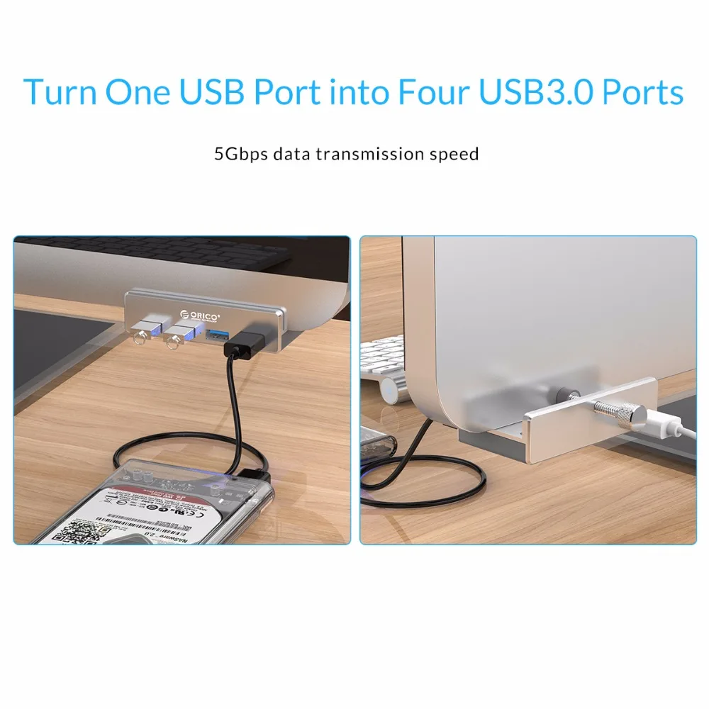 ORICO MH4PU алюминиевый 4 порта USB 3,0 зажим-тип концентратор для настольного ноутбука Диапазон зажима 10-32 мм с 100 см Дата кабель-серебро