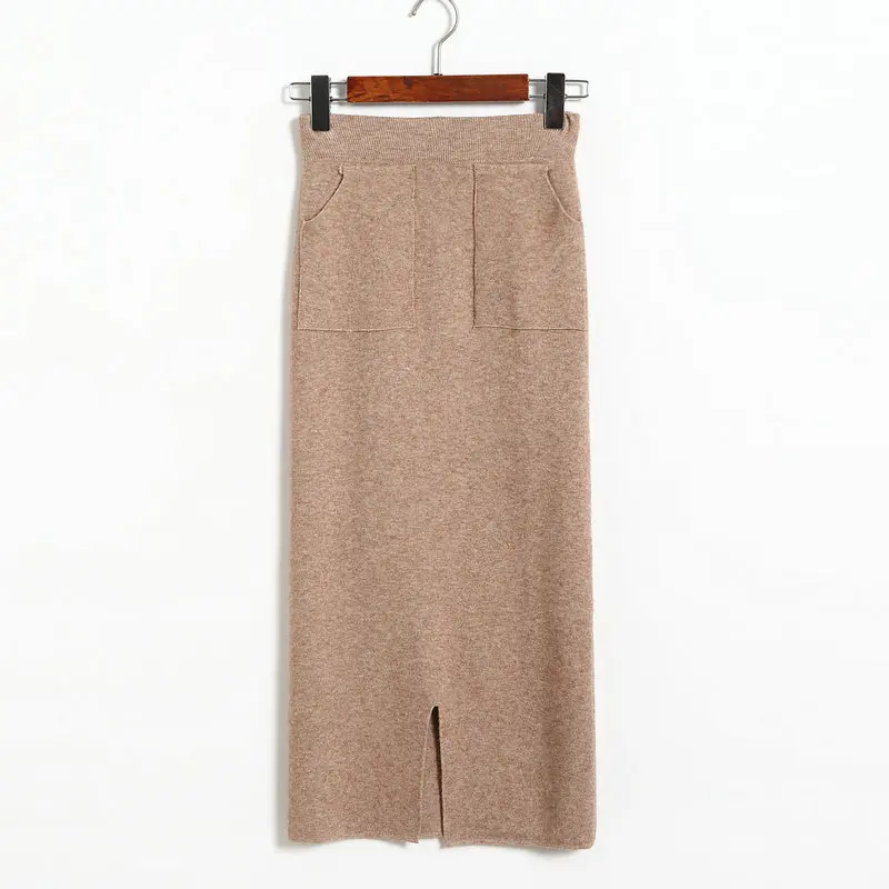 

Ms 2018 new wool skirts of autumn female knit high pockets hip pencil skirt split over the knee cultivate one's morality skirts