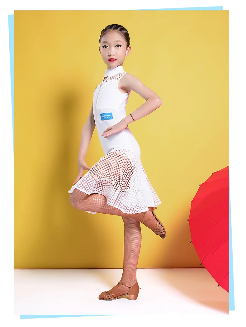 Хлопковое цельнокроеное платье без рукавов с воротником под горло для латинских танцев для маленьких девочек/детей бальный костюм Одежда для выступлений G3229