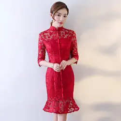 Лидер продаж леди кружева китайское платье элегантные красные выдалбливают Qipao Sexy невесты Свадебная вечеринка Новинка Cheongsam Oversize 3XL Vestidos