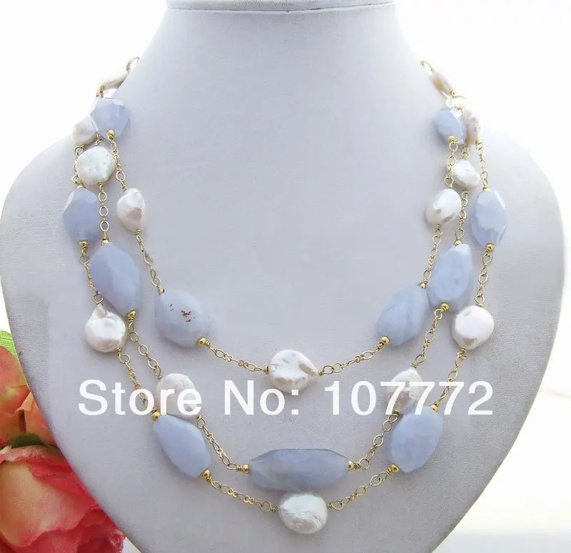 

Hand-Made Semi-Stone Amazing! Lovely! Natural Chalcedony Fresh Water Coin Pearl Necklace free shipment