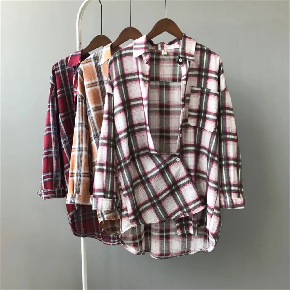 Autumn Boyfriend Style Women Blouse 2018 All Occasion Match casual College shirt long sleeve turn-down collar Plaid Office Shirt (5)
