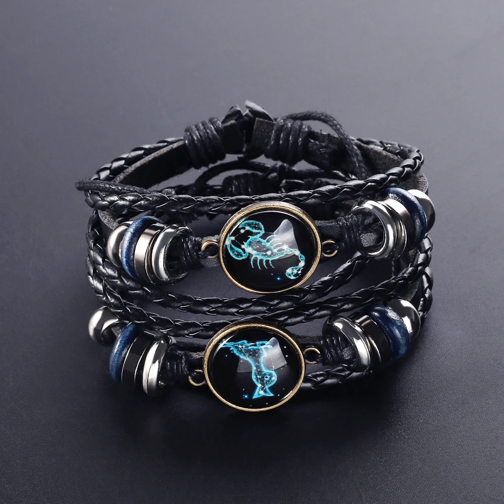 12 созвездий браслет Для мужчин ретро Медь Шарм Кожаные браслеты Плетеные браслеты по гороскопу Для женщин девочек Модные украшения