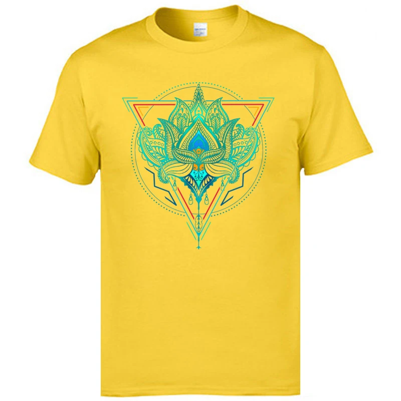 Unique O-Neck Tshirts Summer Fall Tops & Tees Short Sleeve 2018 Fashion Cotton Fabric Street Tops Tees Hip hop Men Lotus The Flower Of Life in Triangle yellow