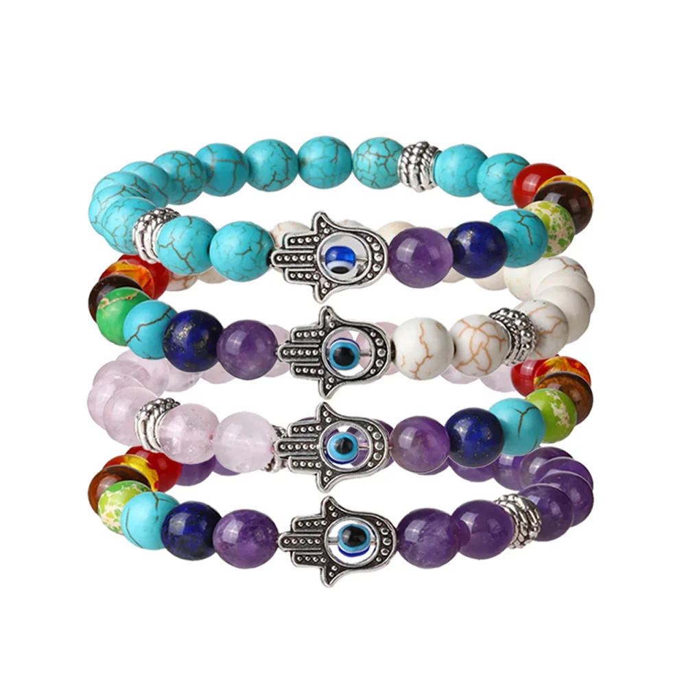 2PCS Lava Stone Healing Yoga Bracelet Blue Turquoise Chakra Agate Natural Beads 8MM Strand Reiki Leaf Charm Bnagle