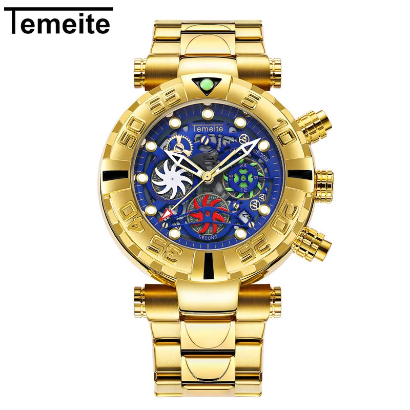 Лидирующий бренд Temeite Роскошные модные бизнес для мужчин s кварцевые часы для мужчин Золотой сталь водостойкие наручные часы - Цвет: Temeite 6