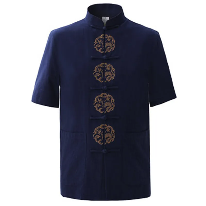 Summer Navy Blue Men's Cotton Embroidery Dragon Shirt tops Vintage Chinese Kung Fu Short Sleeve Tang Suit Size M - XXXL | Мужская