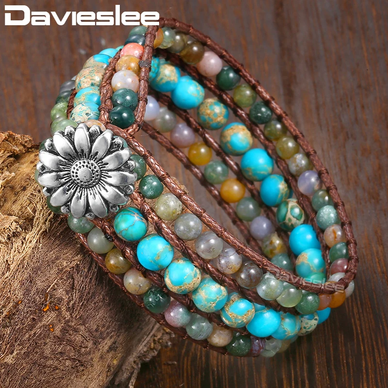 

Davieslee Womens Beaded Bracelet 2018 Khaki Brown Leather Wristband Boho Bracelets For Woman Jewelry Gifts Dropshipping LDSBM05