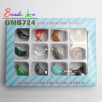 

Wholesale Fashion 12pcs Multi-Style Moon Shape Boxed Natural Stone Charms Pendant For Jewelry Making Diy Necklace Choker 11*18mm