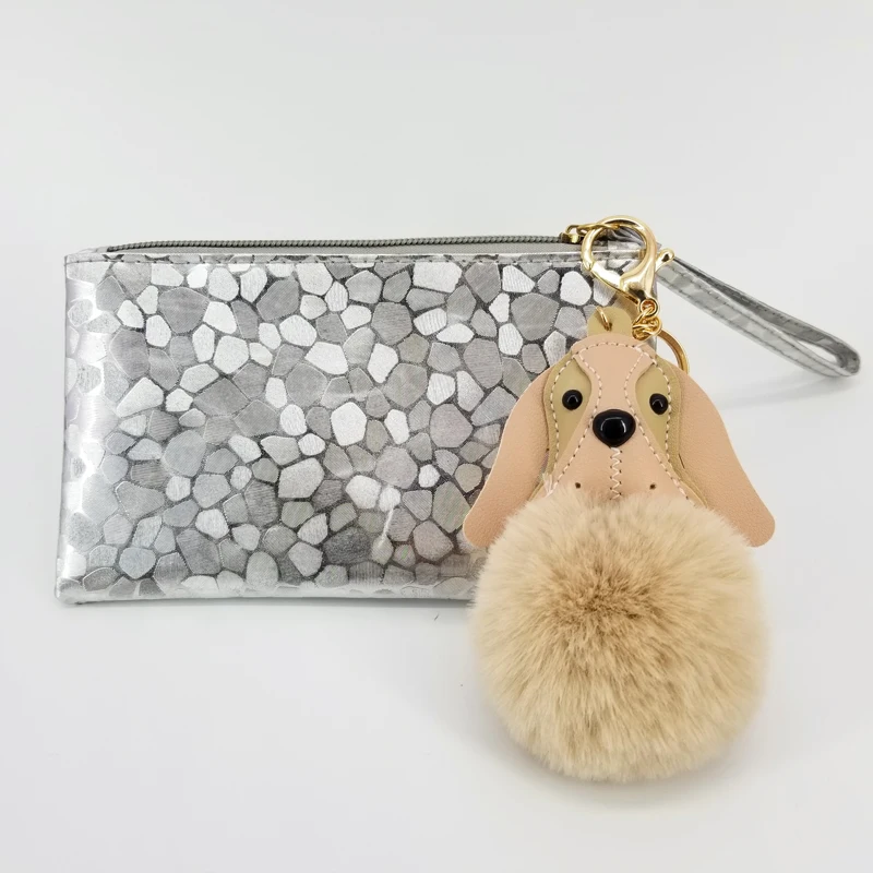 

Leather Dog Keychain Pokemon Fur Pompom Balls Keyring Bags Decorative Cartoon Pendant Charms Car Key Accessories Fashion Gifts