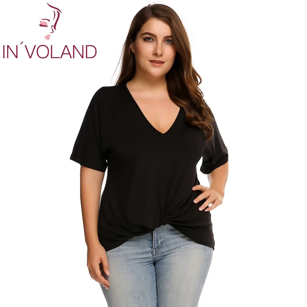 

IN'VOLAND Women T-Shirt Big Size Summer Autumn Sexy Deep V-Neck Casual Plus Sizes Short Sleeve Knotted Drape Lady Top Tee Tshirt