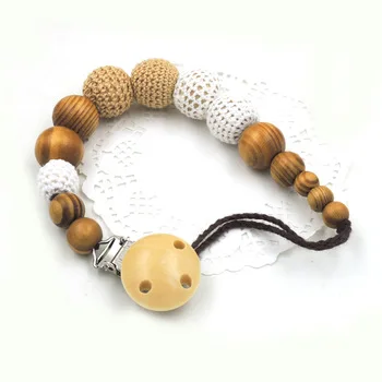 sale Pine wood shade khaki crochet beads Pacifier Clip Holder baby boy color  Safe for teething baby  Baby shower gift NT161