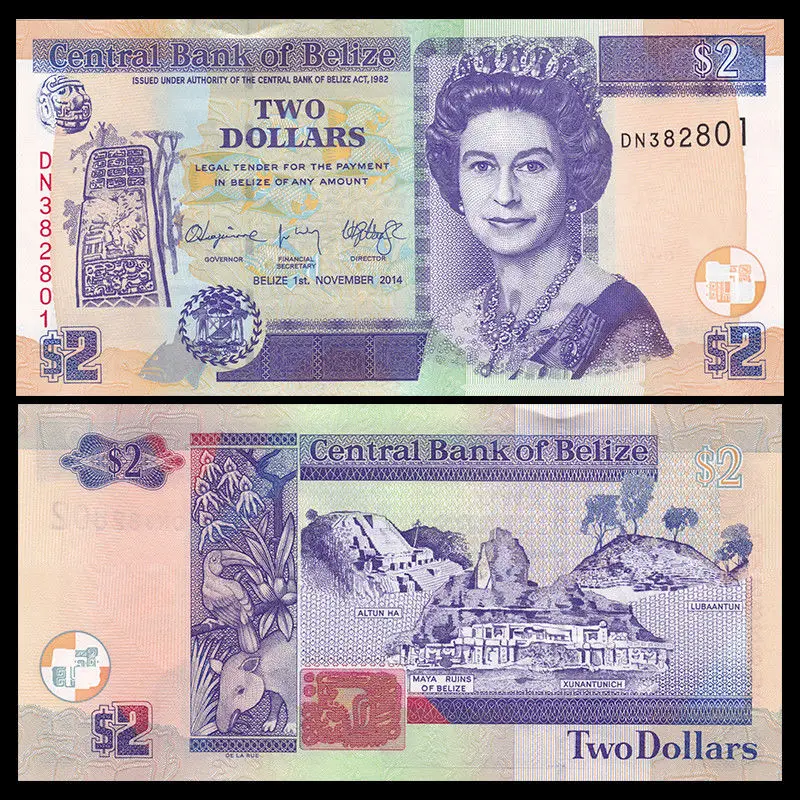 

1 PCS/5 PCS/ 10 PCS, Belize 2 Dollars, 2014, P-66e, UNC, America Banknotes, Collection, Gift, Genuine Original Paper Notes