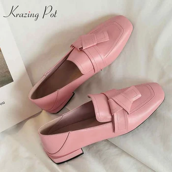 

Krazing Pot high fashion genuine leather slip on pumps women square toe British school big size 43 42 41 bowtie brand shoes L52