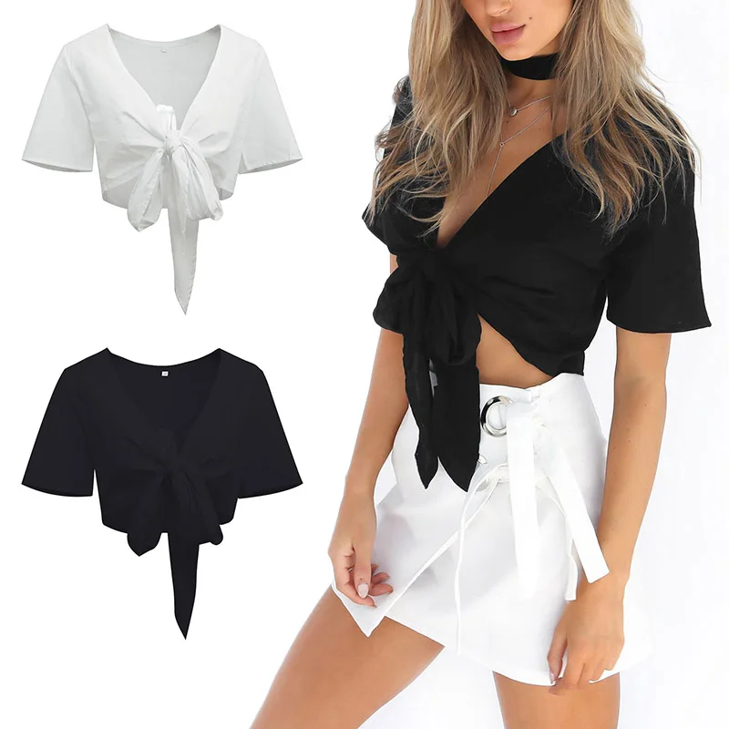 Summer Women Sexy Crop Tops V Neck Front Tie Knot Short Sleeve Solid