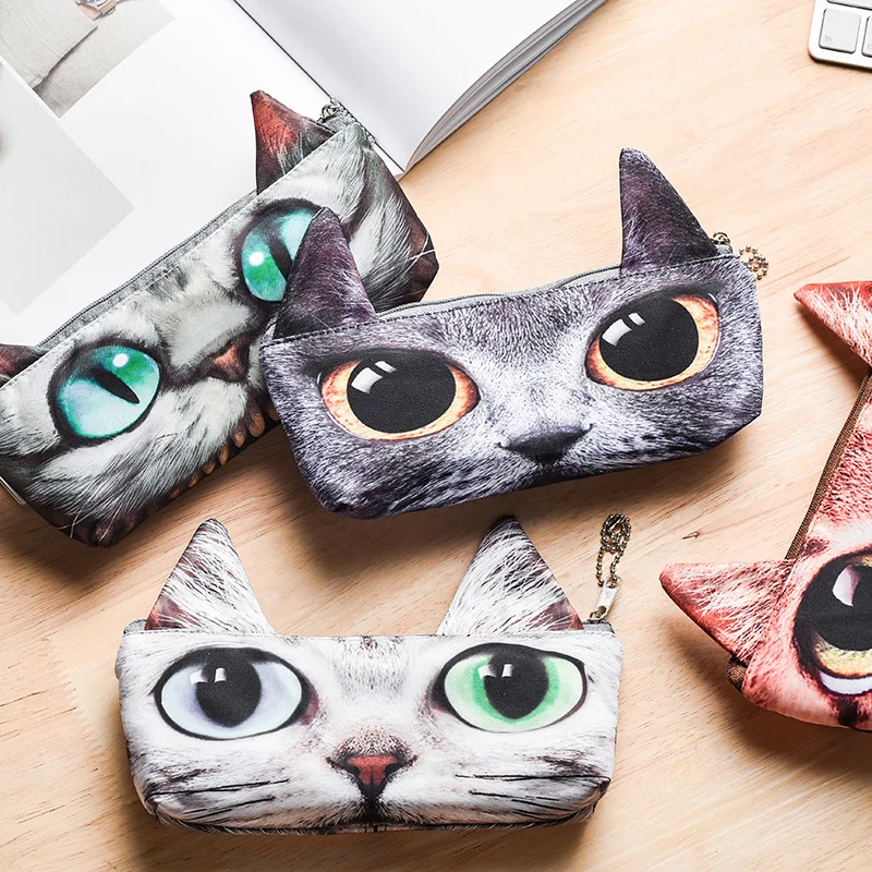 

cute 3d canvas cat animal big eyes pencil bag & case for girl boy student stationery storage bag for school kids gift kawaii