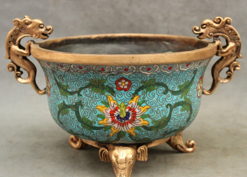 

S5127 11" Marked Chinese Cloisonne Dragon Statue Bowl Elephant Incense Burner Censer D0317