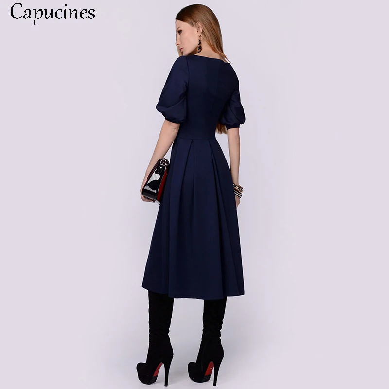 Summer Women Pockets Lantern Sleeve Casual Dress Solid Short Sleeves O-Neck A-Line Female Elegant Vintage Party Dresses