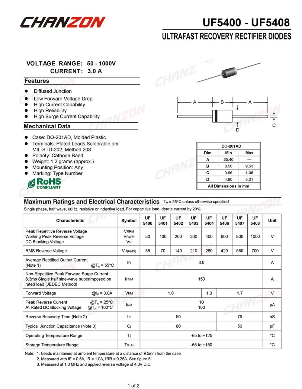 (20 шт.) UF5402 Ultra быстрое восстановление выпрямительного диода 3A 200 V 50 75ns DO 201AD (DO 27) Axial