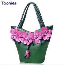 Señoras Bolsa de Asas de Cuero Bolso 2017 Nueva Costuras de Color Fluorescente Moda Flores Tejidas Bolsas de Gran Capacidad Solo Hombro