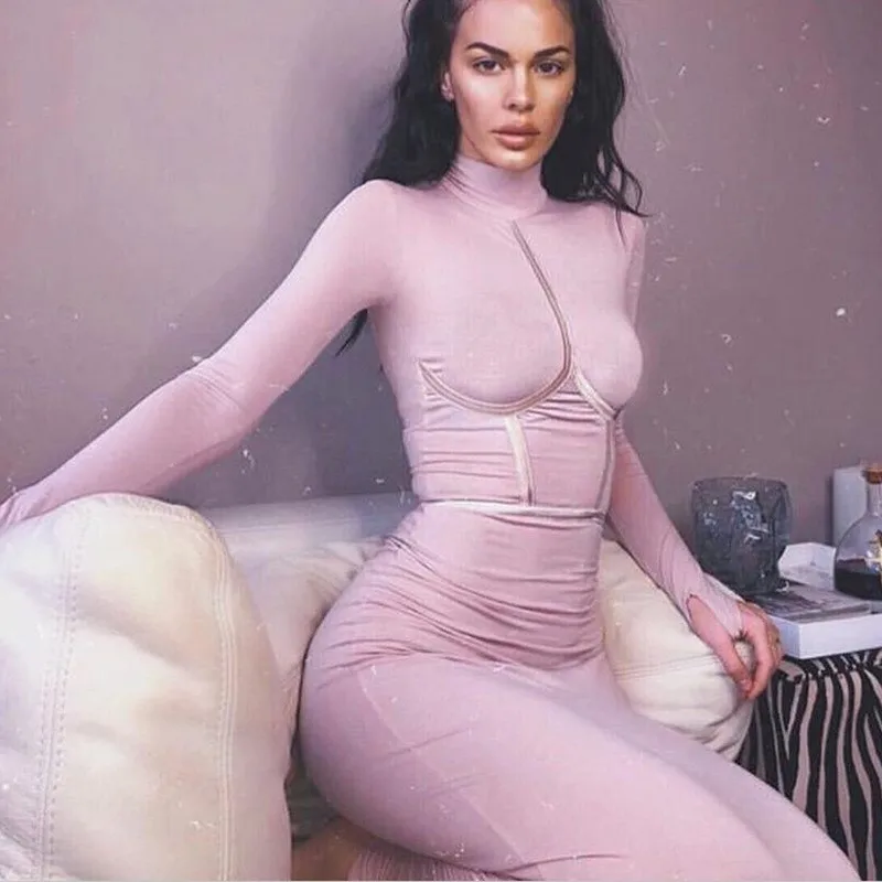 

Turtleneck Long Sleeve Stretch Dress Women High Street Sexy Solid Patchwork Kardashian Maxi Dress Ladies Autumn Dress cwd0492-5