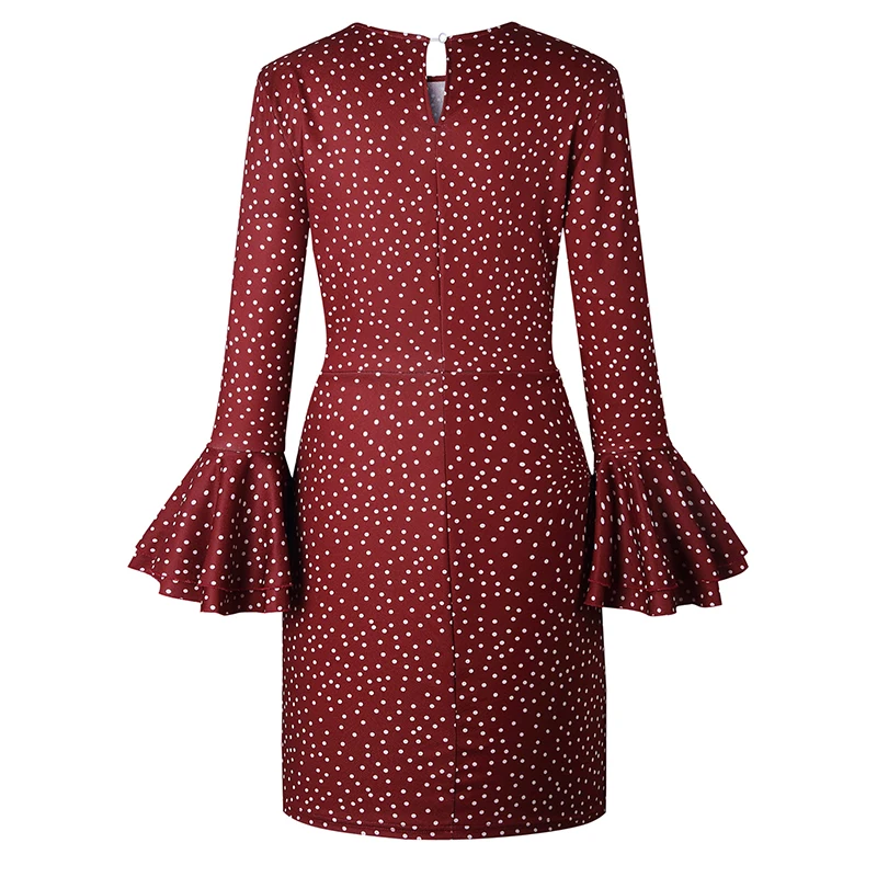 Vintage Polka Dot Dress Women Autumn Long Flare Sleeve Ruffles Vestidos Casual O-neck Black Bodycon Party Boho Dresses Mini