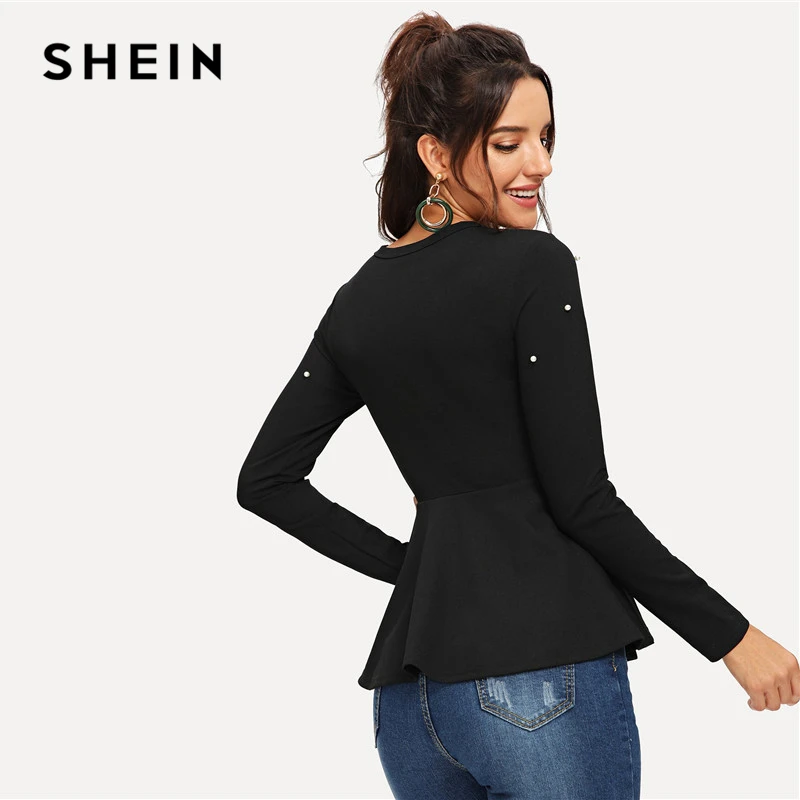 SHEIN Black Pearls Beaded Solid Peplum Top Elegant Round Neck Long Sleeve Flared Blouses Women Autumn Plain Minimalist Blouse