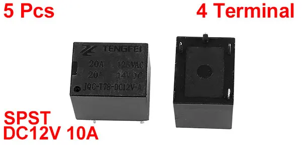 5Pcs DC12V 10A 4 Terminal SPST NO Miniature Power Coil Electromagnetic Relay