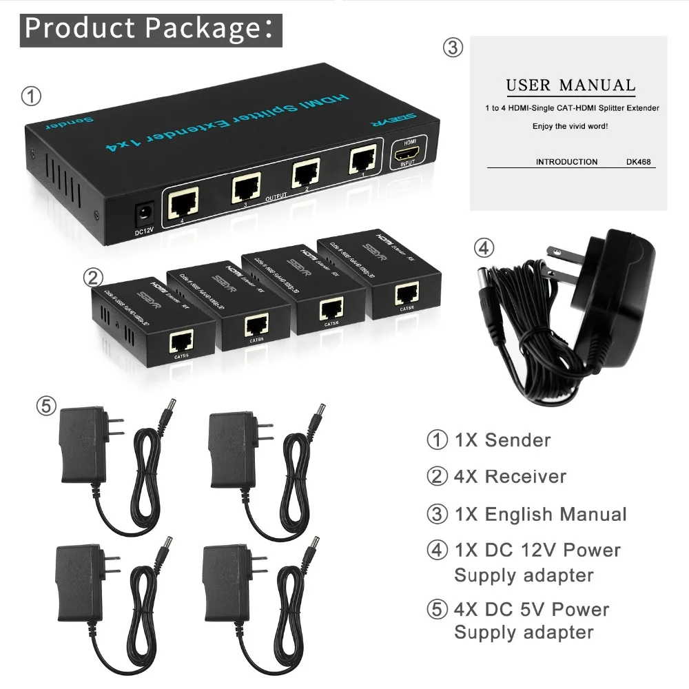 4 порта HDMI удлинитель 4 к 60 м 196ft 1080p1x4 HDMI удлинитель разветвитель по UTP CAT5e/Cat5/Cat6 Ethernet кабель(1x Отправитель 4x приемник