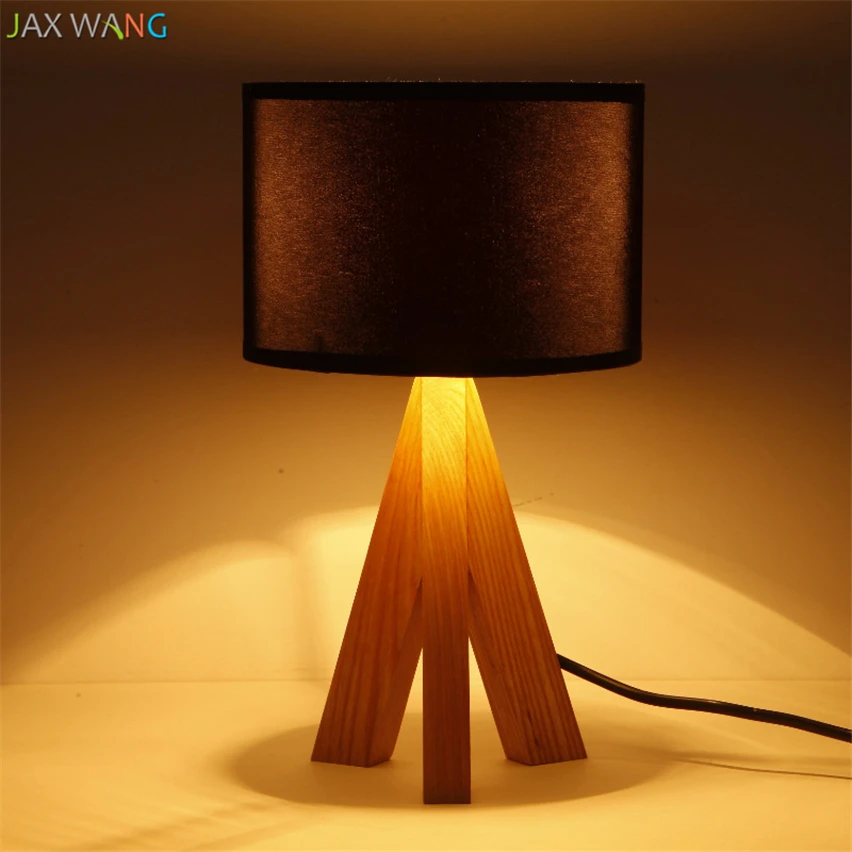 JW Modern Wood Tripod Table Lamp Cloth Lampshade Desk Light for Bedroom