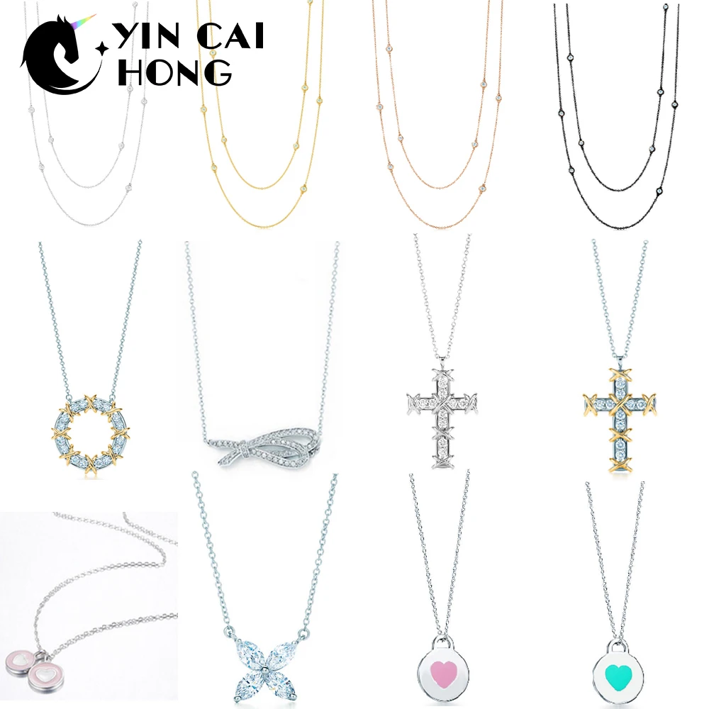 

YCH Charm Gift 925 Sterling Silver Clover Heart Cross Pendant Tiff Necklace 18K Gold Rose Gold Silver Match World Jewelry