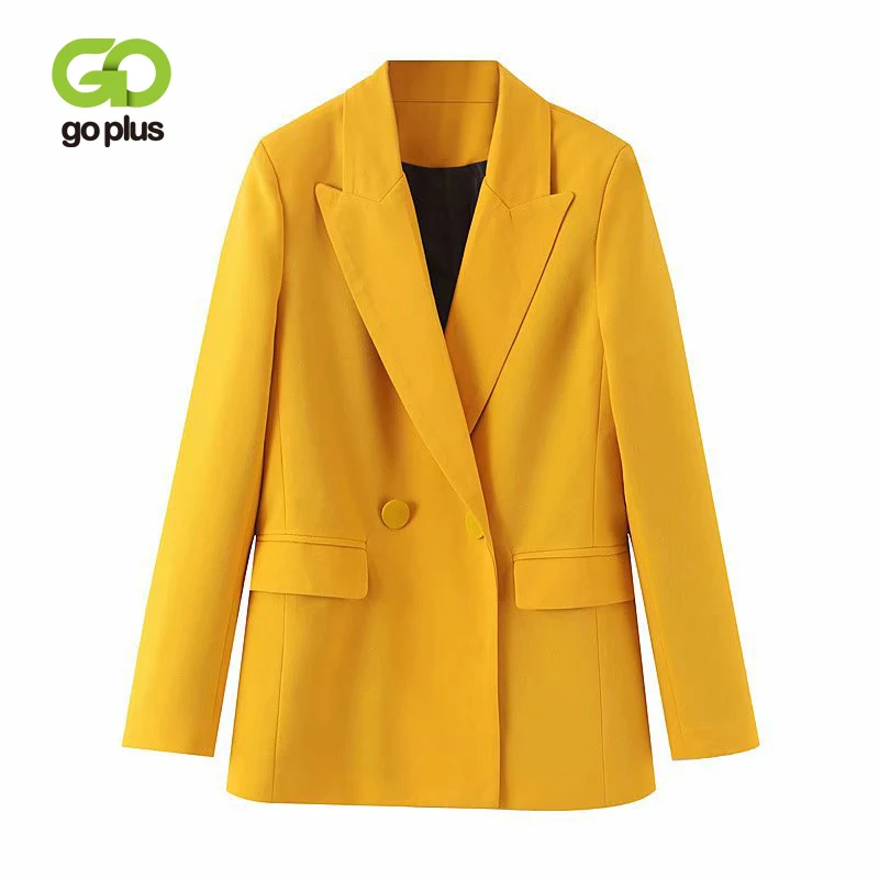 GOPLUS Women Chic Yellow Blazer Pockets Long Sleeve Office Wear Coat Solid Female Casual Outerwear Blazers Suit Jackets C8956